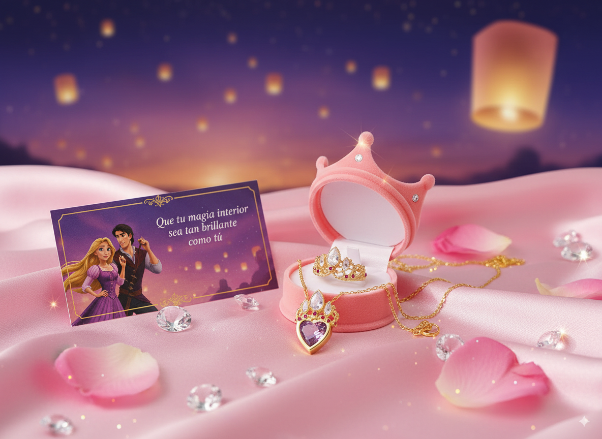 Combo Rapunzel® 👑💗 I Anillo Ajustable + Collar + Caja Corona Pink + Tarjeta Dedicatoria + DESCUENTO🌸✨