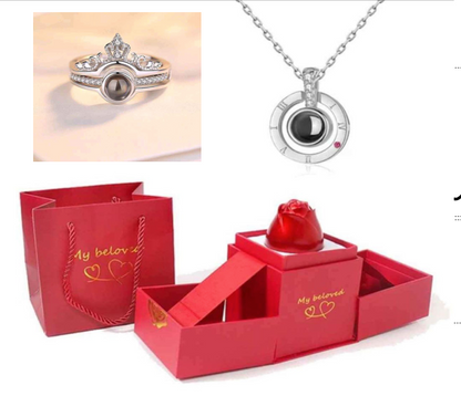 Rosa Floreciente® Lujo | Caja Lujo + Anillo y Collar Te Amo En 100 Idiomas 🌹💕💎