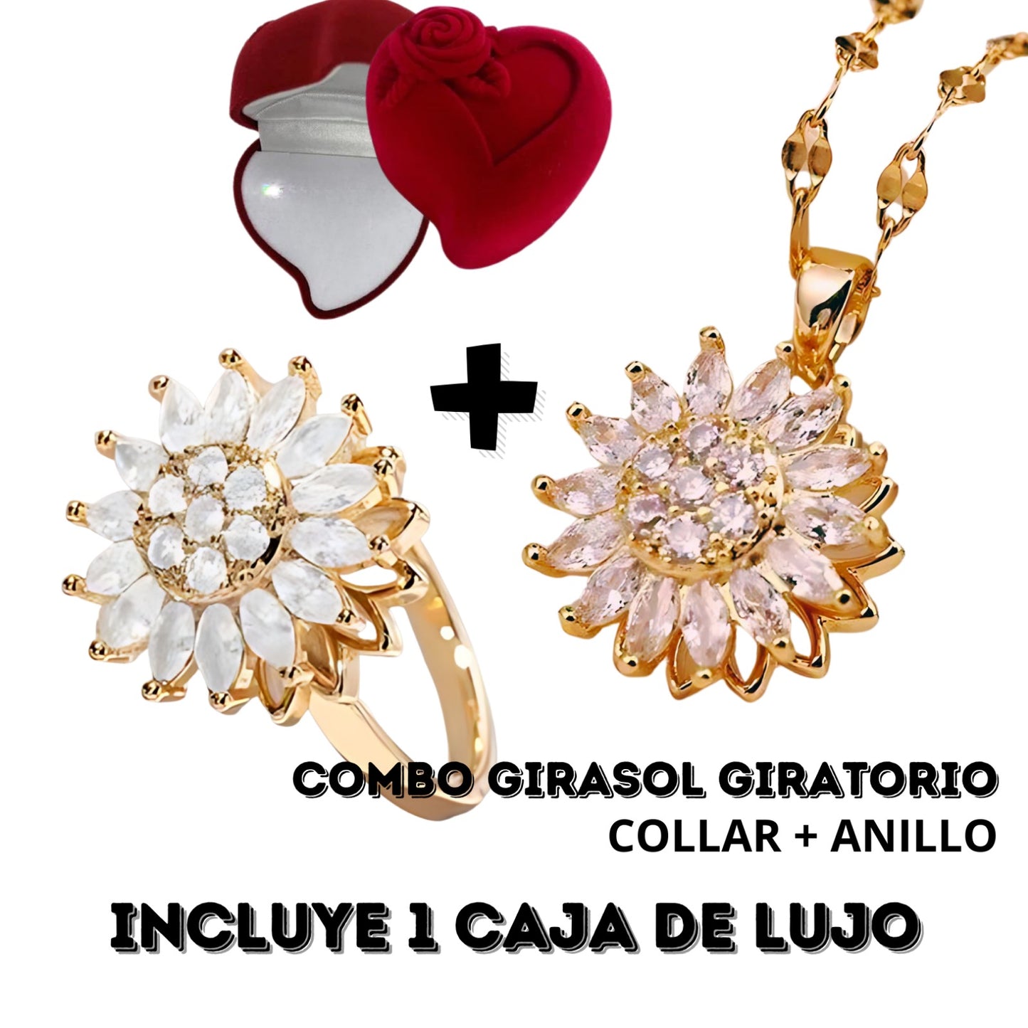 Combo Girasol Enamorado® | Combo Collar y Anillo Girasol Giratorio + Caja Rosa 🌻💞