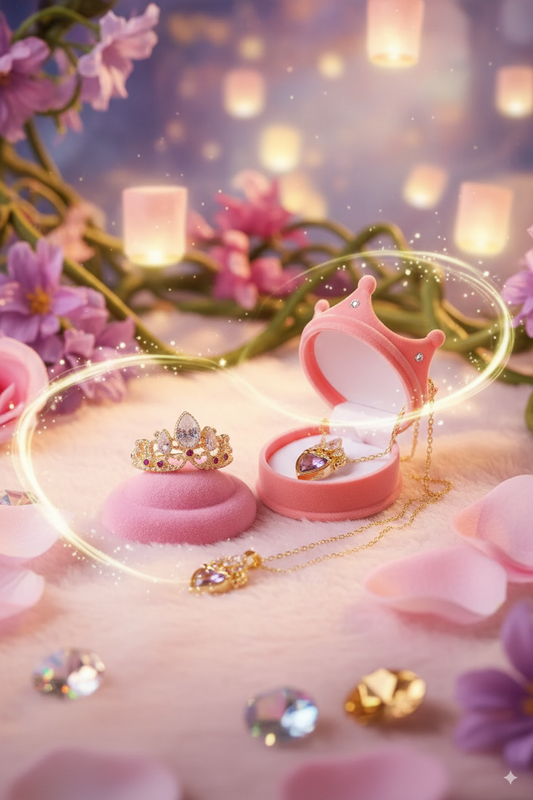 Combo Rapunzel® 👑💗 I Anillo Ajustable + Collar + Caja Corona Pink + Tarjeta Dedicatoria + DESCUENTO🌸✨