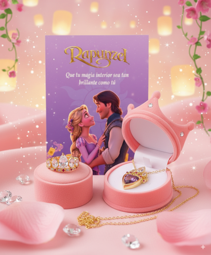 Combo Rapunzel® 👑💗 I Anillo Ajustable + Collar + Caja Corona Pink + Tarjeta Dedicatoria + DESCUENTO🌸✨